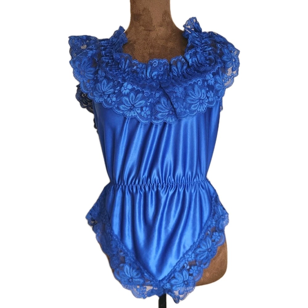 Vtg Dolores Poirette Royal Blue Lace Teddy Romper Bodysuit‎ Size S Union Made